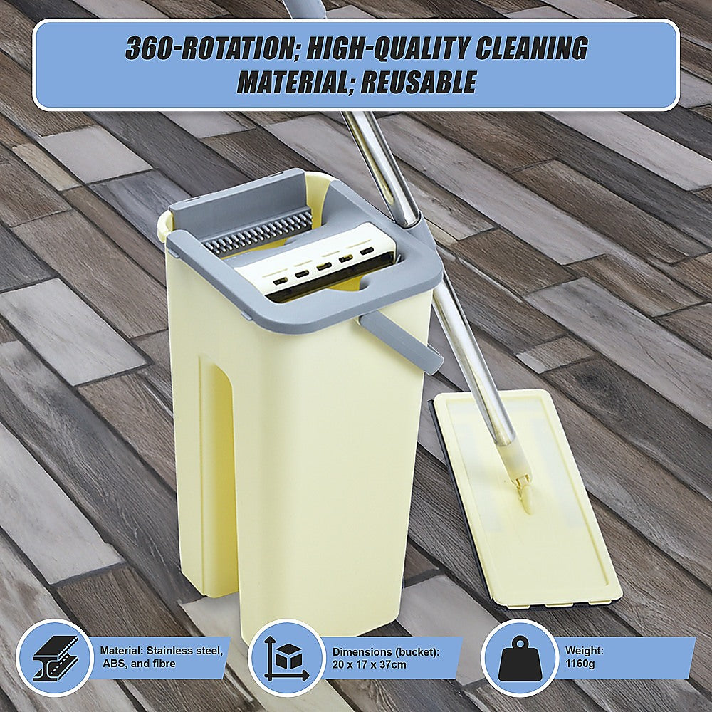 4x Microfiber Pads Flat Mop Bucket Kit 360 Rotating Self Wash Cleaning