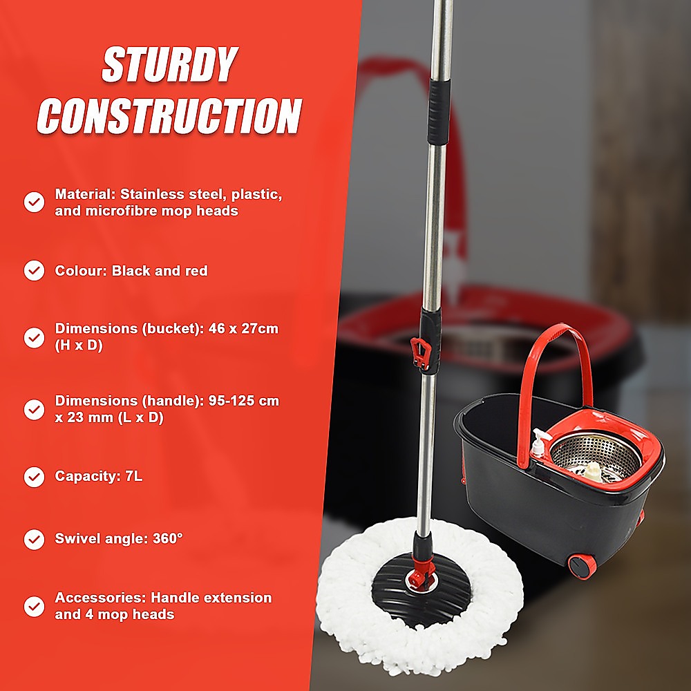 Spin Rotating Mop and Bucket Set with Wheels and 4 Microfibre Mop Heads