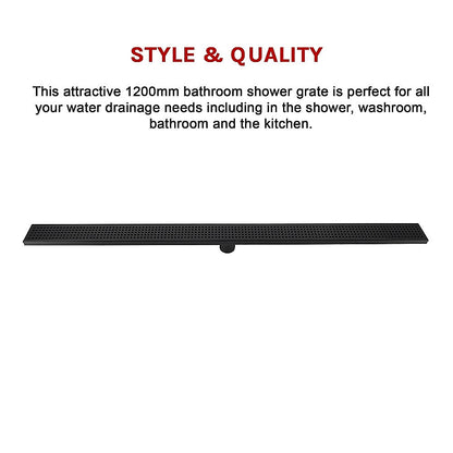 1200mm Bathroom Shower Black Grate Drain w/Centre outlet Floor Waste Square Pattern
