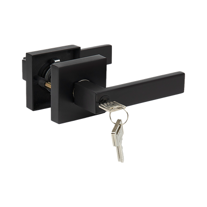 Door Handle Set Lever Key Lock Function Square Black