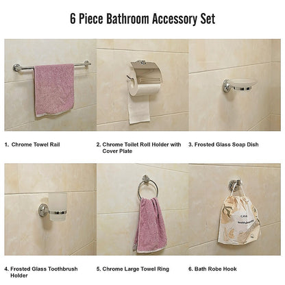 Bathroom Accessories Set 6 Piece Pack Chrome Wall Mounted Easy Fittings