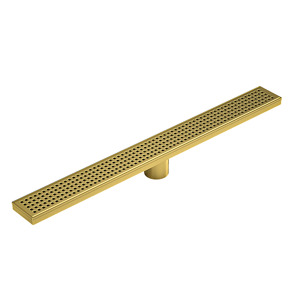 900mm Bathroom Shower Brushed Brass Grate Drain w/ Centre outlet Floor Waste Square Pattern