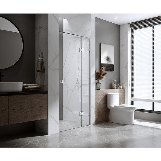 110cm Wall to Wall Frameless Shower Screen with Gold Brackets and Brass Hinges, Square Knob Handle
