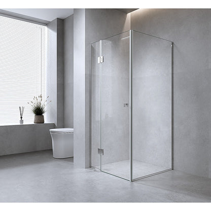 90x80cm Corner Frameless Shower Screen with Nickel Channel and SS Hinges, Square Double Pull Handle