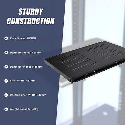 1U 1RU Sliding Shelf 26" Inch Deep Vented for 19" Rack System Server Cabinet