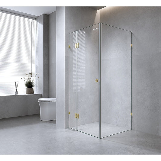 100x80cm Corner Frameless Shower Screen with Gold Brackets and SS Hinges, Round Handle