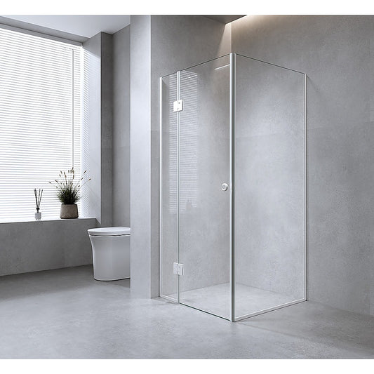 100x80cm Corner Frameless Shower Screen with Nickel Channel and SS Hinges, Round Handle