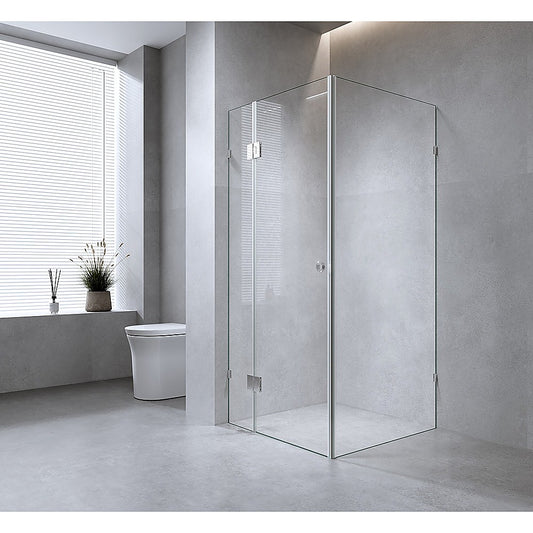 100x70cm Corner Frameless Shower Screen with Gunmetal Brackets and Brass Hinges, Round Handle