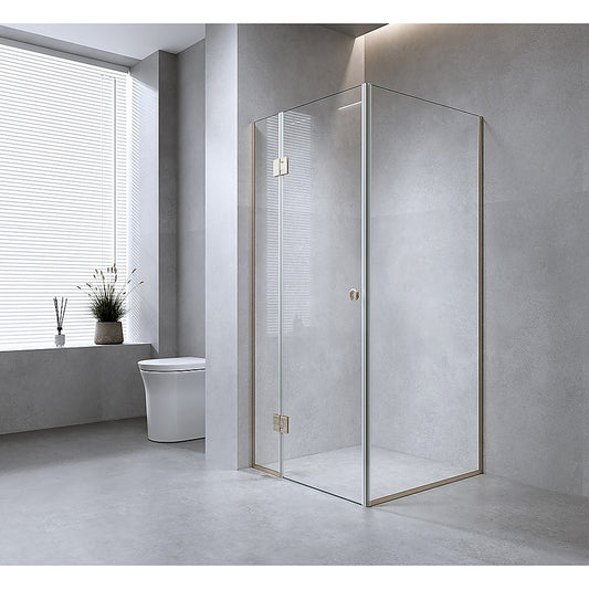 100x80cm Corner Frameless Shower Screen with Gold Channel and Brass Hinges, Round Handle