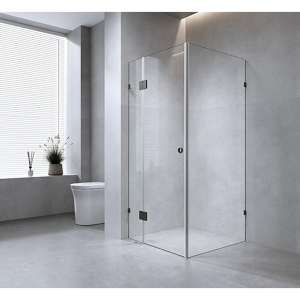 100x80cm Corner Frameless Shower Screen with Nickel Brackets and Brass Hinges, Round Handle