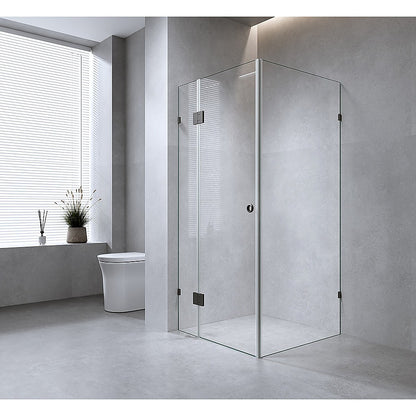 100x80cm Corner Frameless Shower Screen with Nickel Brackets and Brass Hinges, Round Handle
