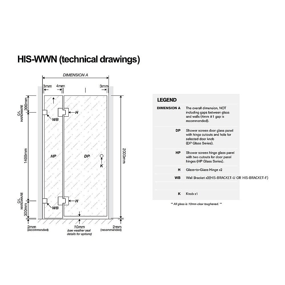 100x80cm Corner Frameless Shower Screen with Nickel Brackets and Brass Hinges, Round Handle
