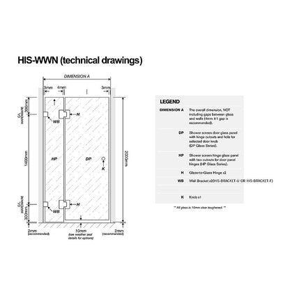 100x80cm Corner Frameless Shower Screen with Nickel Brackets and Brass Hinges, Round Handle