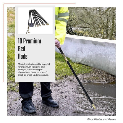 9m Drain Rod Set Kit Plunger Worm Scraper Cleaning Rods Rodding Carry Bag