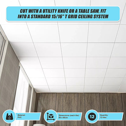 12x Smooth Drop Ceiling Tile 2ft x 2ft PVC Ceiling Panel