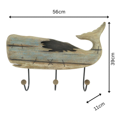 Handcrafted Whale Wall Hanging w 3 Hooks 56cm