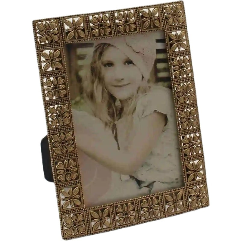 Antique Gold Metal Photoframe w Flower Squares 18cm