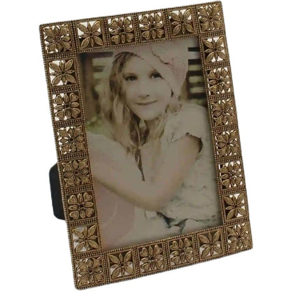 Antique Gold Metal Photoframe w Flower Squares 18cm