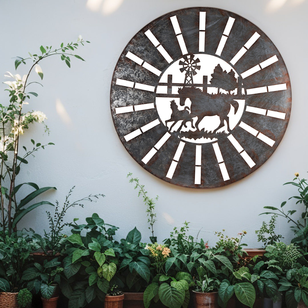 Galvanised w Rust Horses Round Laser Cut Wall Art 100cm
