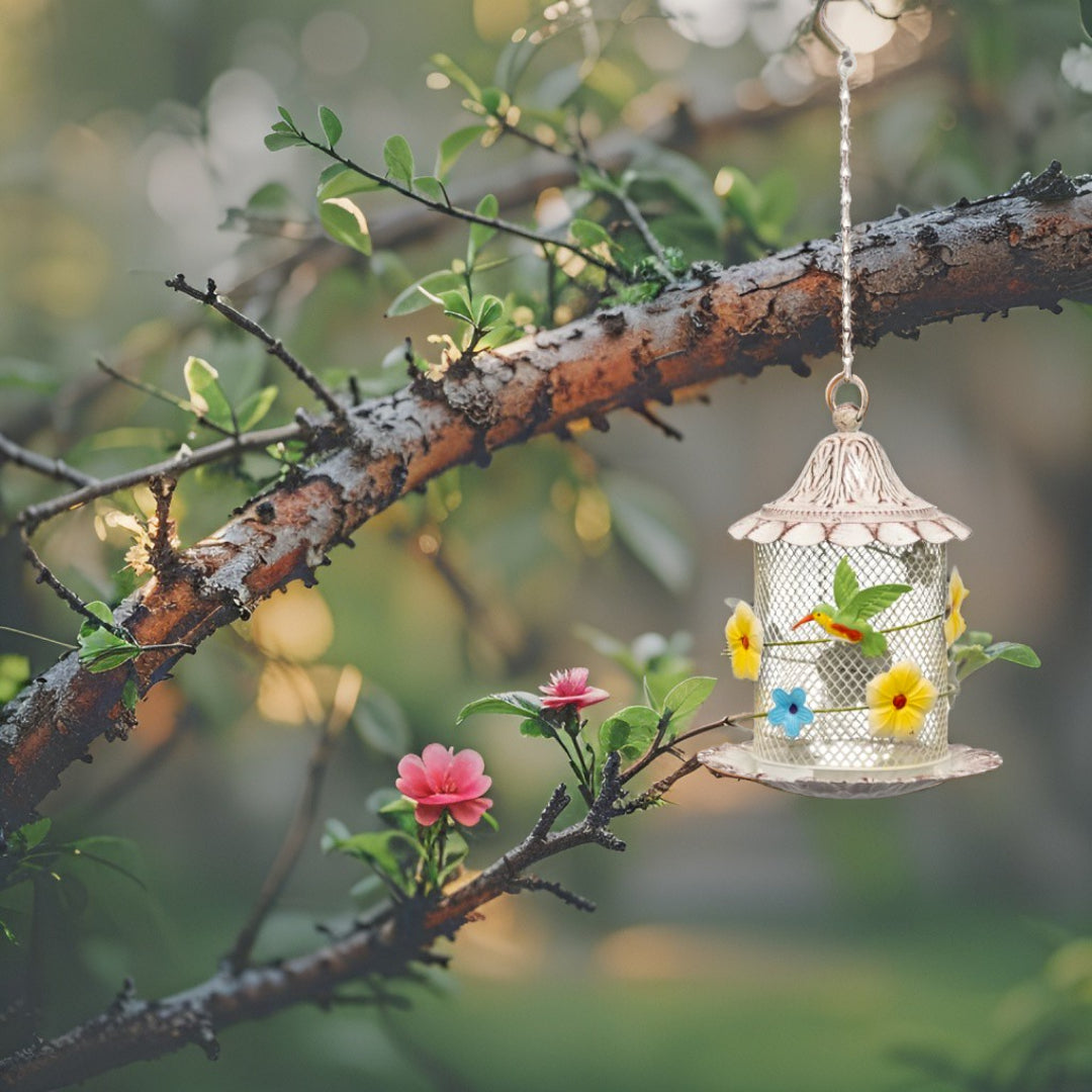 Hanging Mesh Birdfeeder w Flowers + Bird 58cm