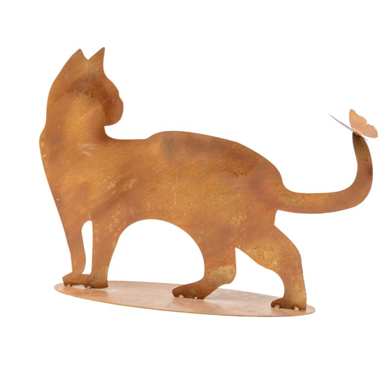 Rust Cat + Butterfly Ornament on Base 50cm