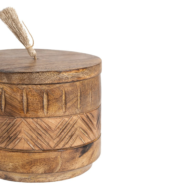 Handcrafted Round Box w Aztec Carving 15cm