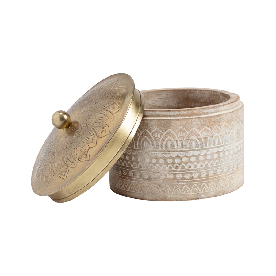 Hand Carved Round Wood Box W Pressed Metal Lid 13cm