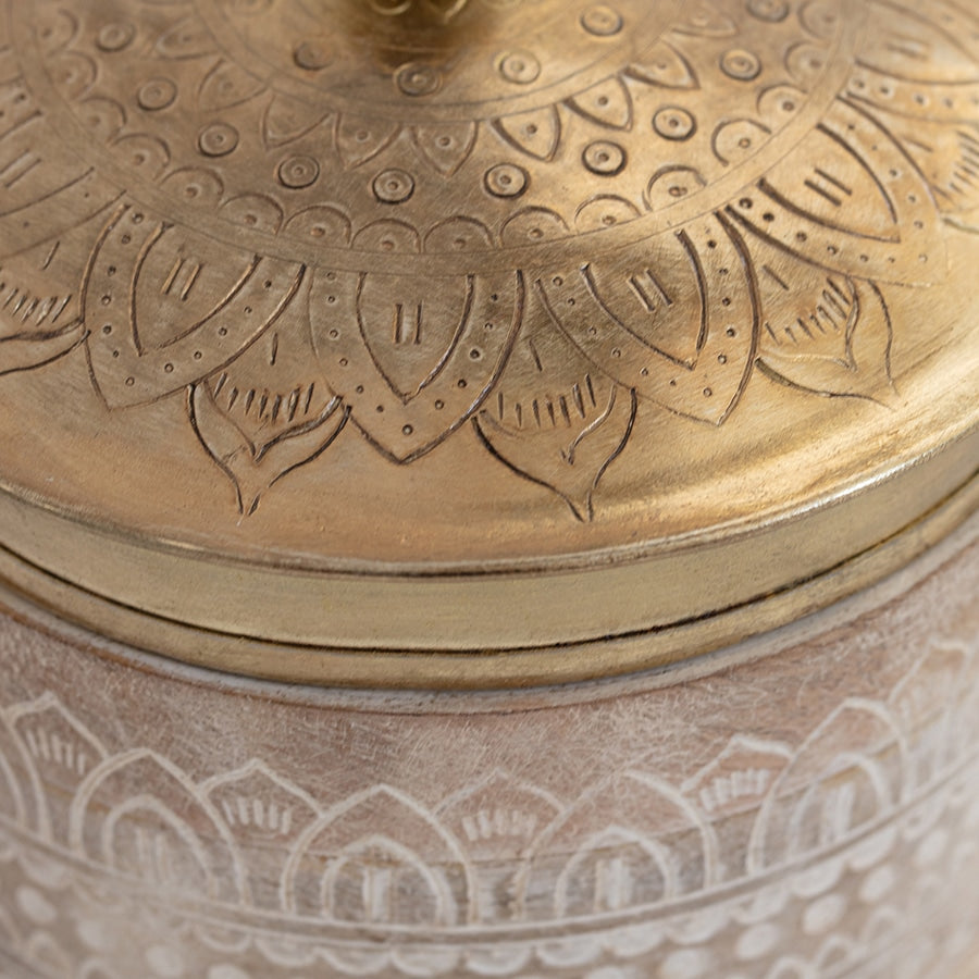 Hand Carved Round Wood Box W Pressed Metal Lid 13cm