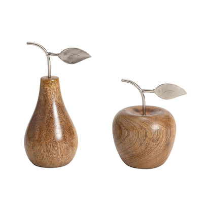 Set 2 Asst Handcrafted Apple & Pear W Antique Silver Leaf 17cm
