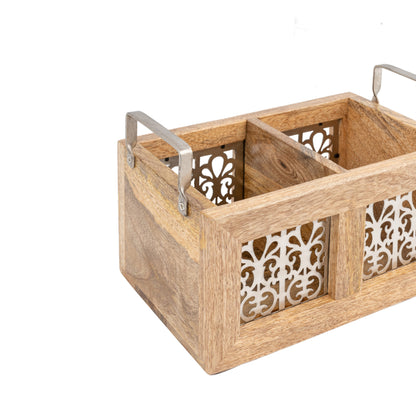 Handcrafted Mango Wood Cutlery / Storage Caddy Two Division 20cm