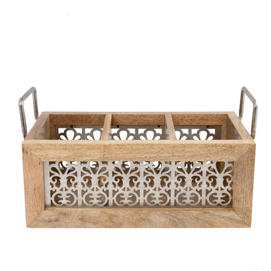 Handcrafted Mango Wood Cutlery / Storage Caddy Three Division 19cm