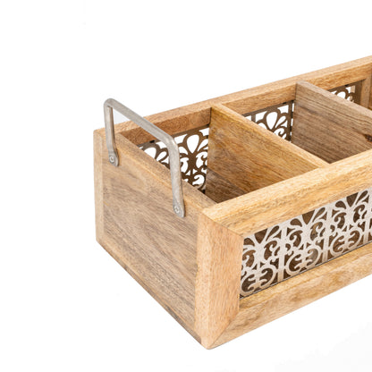 Handcrafted Mango Wood Cutlery / Storage Caddy Three Division 19cm