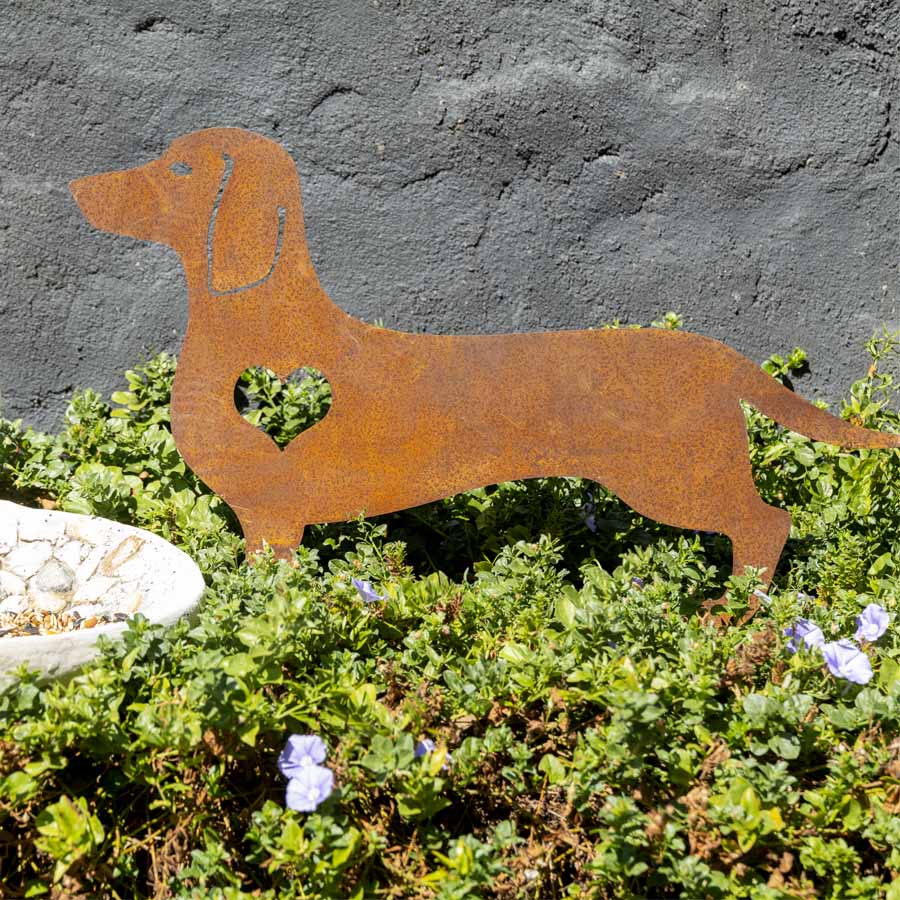 Rust Lasercut Dachshund w Heart Garden Stake 57cm