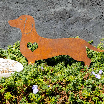 Rust Lasercut Dachshund w Heart Garden Stake 57cm