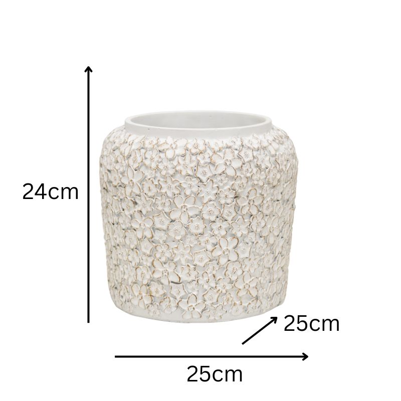 White Flower Embossed Planter w Hole + Plug 25cm