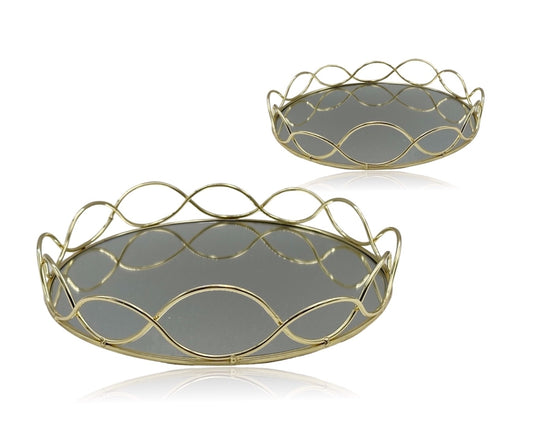 Set 2 Round Gold Mirror Tray 30cm