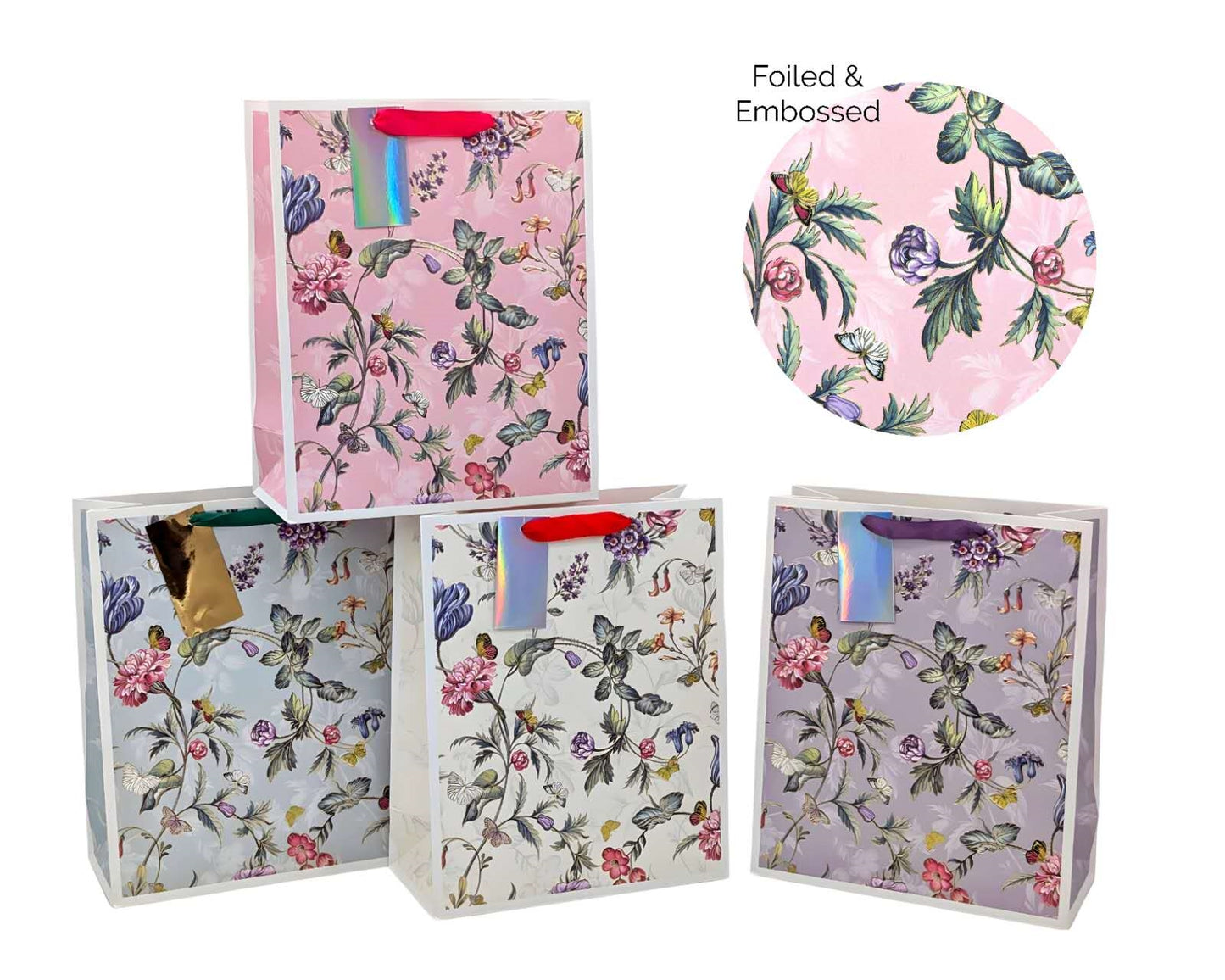 bulk 24 Medium Jardin Floral Gift Bag Foiled 4 Assort 23cm