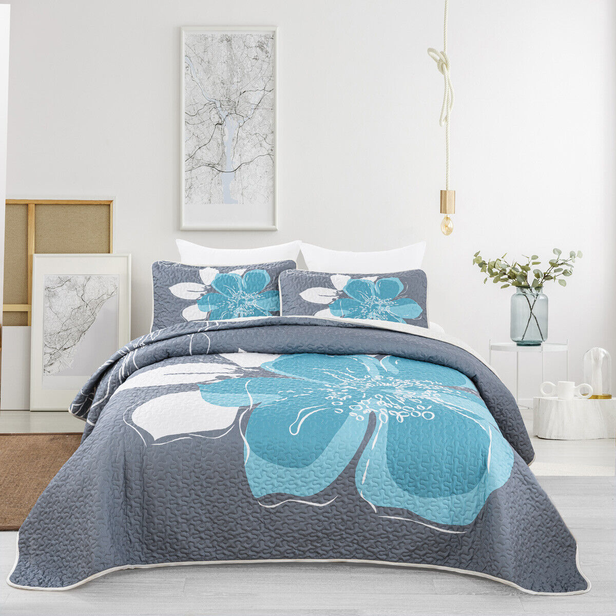 Vintage Delicate Teal floaral Pattern 3 Pc Bedspread & Pillow Cover Set