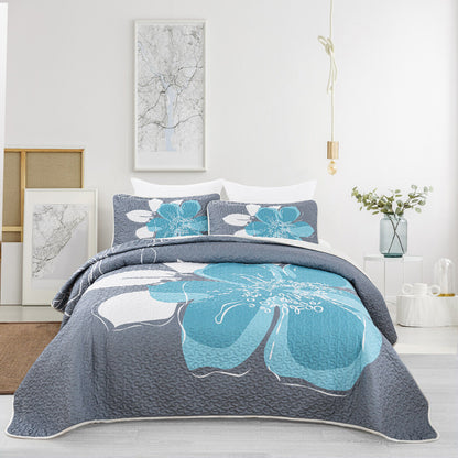 Vintage Delicate Teal floaral Pattern 3 Pc Bedspread & Pillow Cover Set