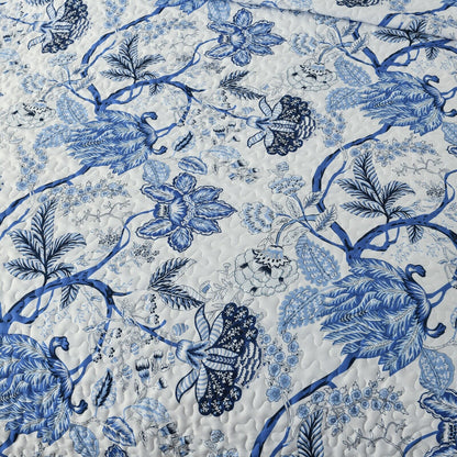 Blossoming Peony Garden blue white 3 Pc Bedspread & Pillow Cover Set