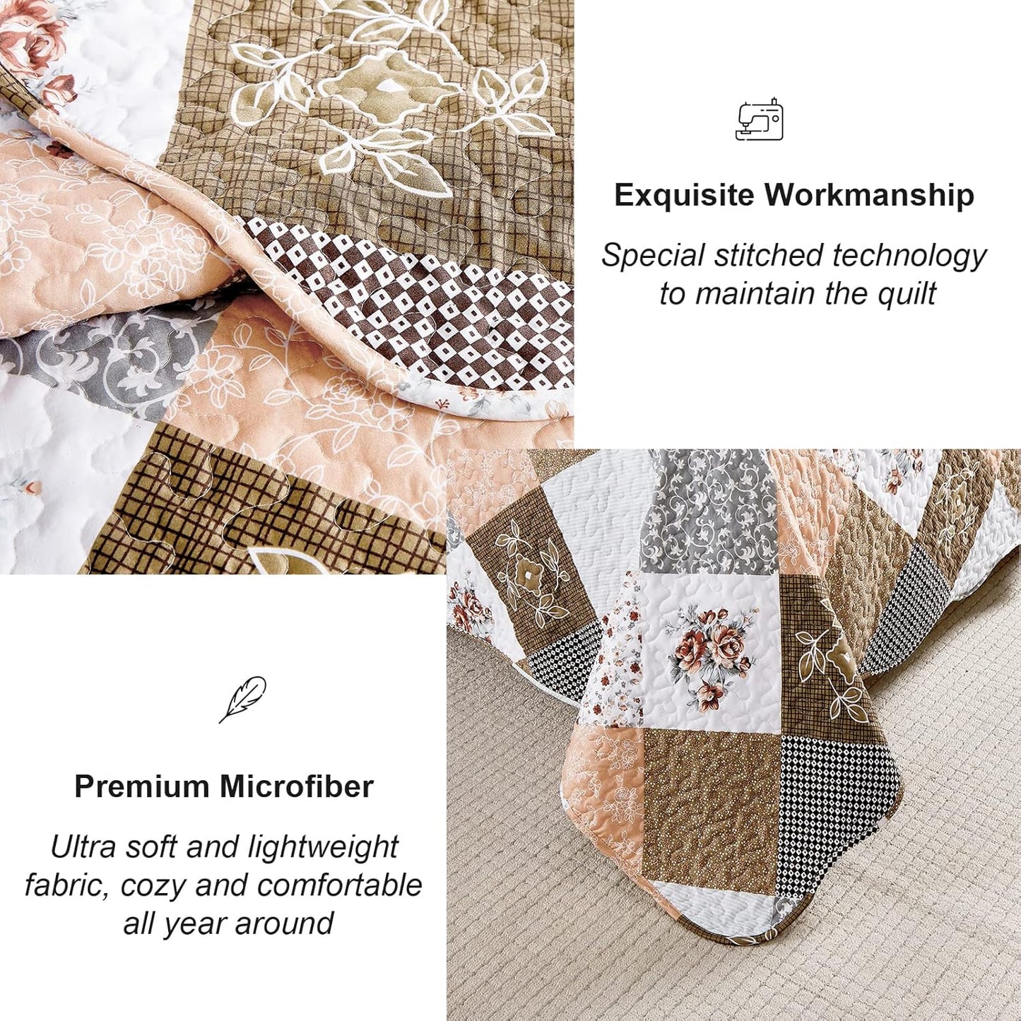 Gleaming rust brown colo patchwork 3 Pc Bedspread & Pillow Cover Set