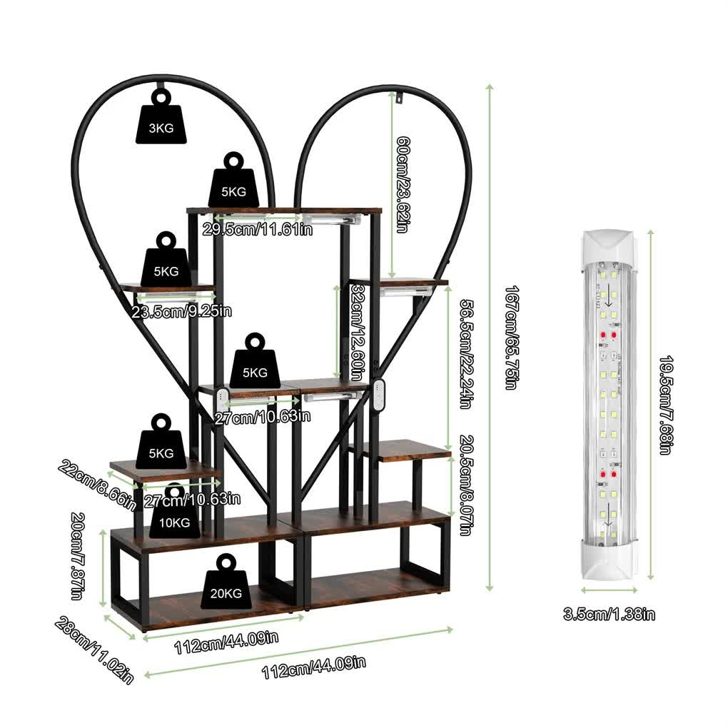 P&P Black & Brown Heart-Shaped Plant Stand with USB Grow Lights for Indoor Plant Display