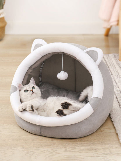 Gray Half-Enclosed Cat Bed - Soft Short Velvet Fabric with Sponge + PP Cotton Filling, S Size (28x28x30 cm)