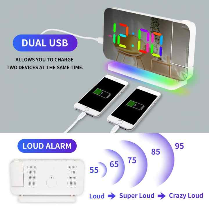 Gold RGB LED Projection Alarm Clock, Multi-Color Night Light with Snooze Function, Home Decor Digital Clock