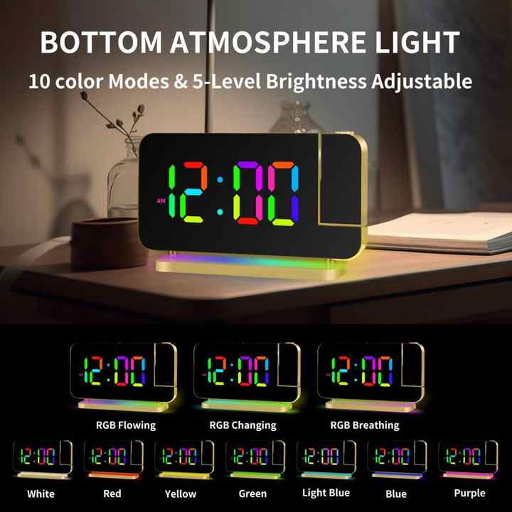 Rose Gold RGB LED Projection Alarm Clock, Multi-Color Night Light with Snooze Function, Home Decor Digital Clock