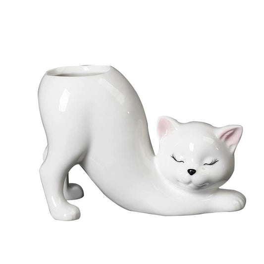 2 PCS White Cute Cat Ceramic Flower Pot - Decorative Succulent Planter for Home and Office