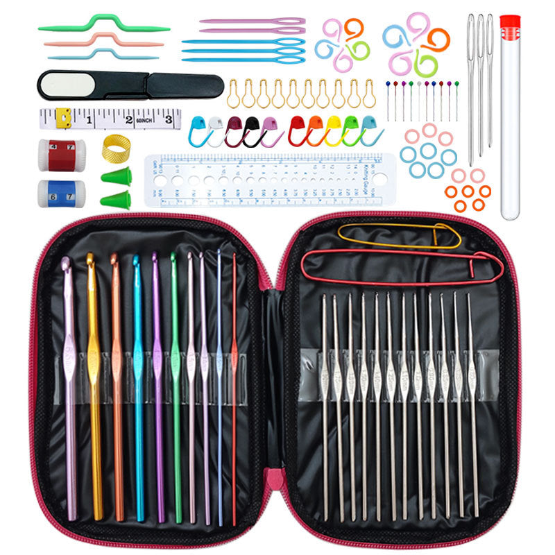 Rose-red 100-Piece Crochet Kit with Storage Case, for Beginners and Professionals