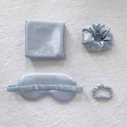 Green Luxury Faux Silk Sleep Gift Set - 4-Piece Eye Mask, Pillowcase & Scrunchies for Relaxation & Comfort
