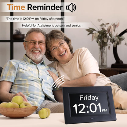 Black Crystal Clear 7-Inch Digital Day Clock with Auto Dimming & Voice Assist - Perfect for Seniors