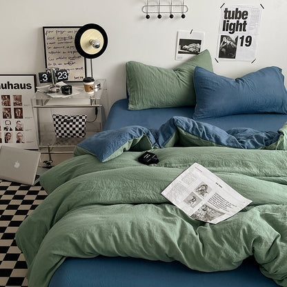 Green-blue 1.5m Bed Fitted Sheet Set with 200x230cm Duvet Cover - 4-Piece Bedding Set